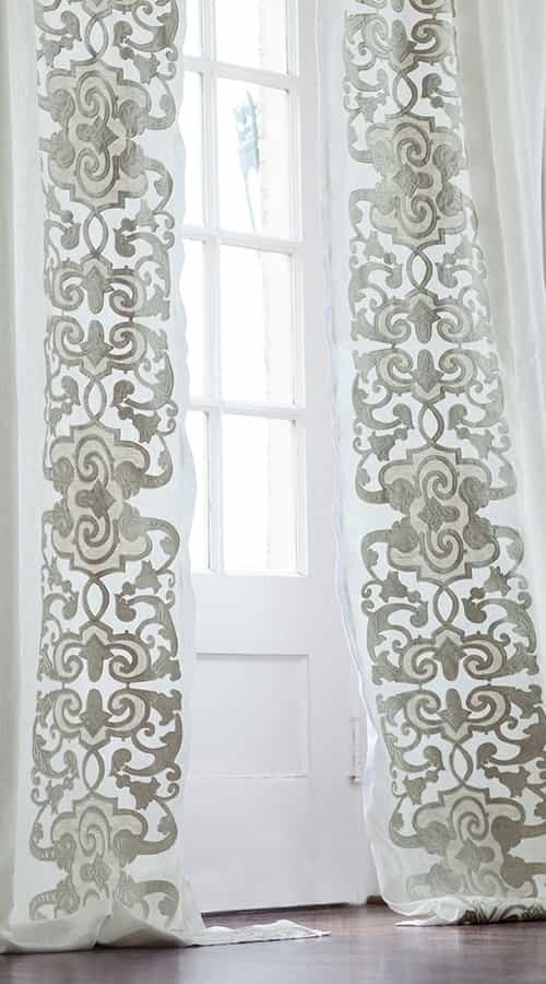 Mozart Custom Drapery Panel White Linen/Ice Silver Velvet Left & Right