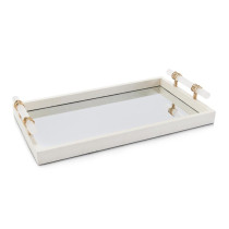 White Enameled Decorative Mirrored Tray w/Alabaster Handles